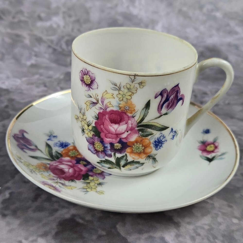 Vintage Demitasse Cup and Saucer Floral Pattern Gold Edged Made In Japan